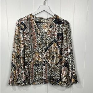 Umgee Womens Blouse S Turquoise Rust Button Down Bell Sleeves Floral Metallic
